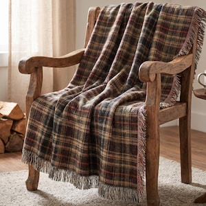 Cotton Woven Coverlet Plaid Pattern Throw Blanket Farmhouse Rustic Style Cabin Bedding Cozy Textile Burgundy Accent Living Room Wrap Oversized Lap Quilt Soft Fringed Edge Traditional Woven Construction Quality Home Accessory Warm
