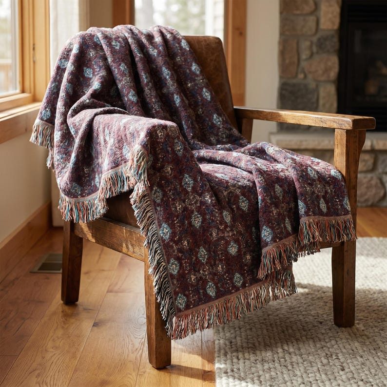 May include: A patterned throw blanket in shades of burgundy, teal, and brown is draped over a wooden armchair. The blanket features a repeating floral design and fringed edges. The chair is positioned near a window and a stone fireplace.