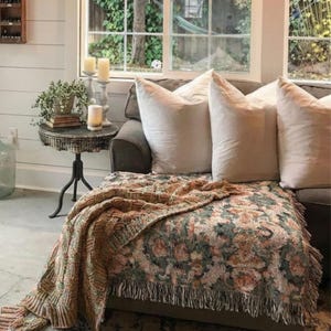 Vintage Floral Tapestry Throw Sage Green Terracotta Blush Woven Cotton Blanket Botanical Medallion Grandmillennial Heirloom Decor image 7