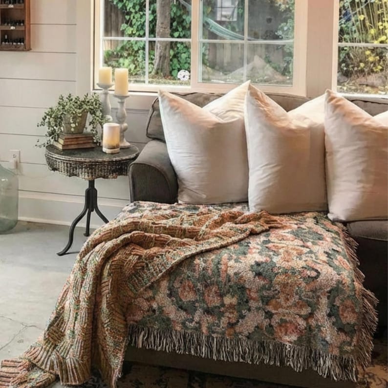 Vintage Floral Tapestry Throw Sage Green Terracotta Blush Woven Cotton Blanket Botanical Medallion Grandmillennial Heirloom Decor image 7