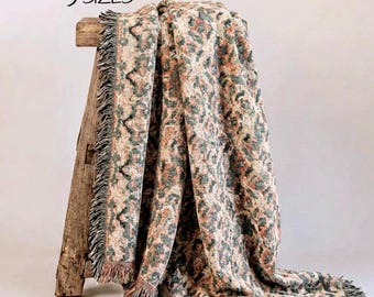 Vintage Floral Tapestry Throw Sage Green Terracotta Blush Woven Cotton Blanket Botanical Medallion Grandmillennial Heirloom Decor