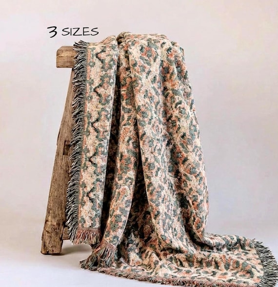 Vintage Floral Tapestry Throw Sage Green Terracotta Blush Woven Cotton Blanket Botanical Medallion Grandmillennial Heirloom Decor