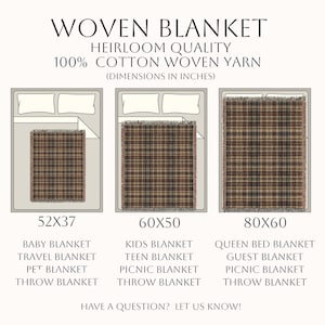 Puede incluir: Una tabla de tama&ntilde;os de manta tejida con tres mantas de cuadros marrones y negros con bordes de flecos. El texto incluye WOVEN BLANKET, HEIRLOOM QUALITY, 100% COTTON WOVEN YARN y las dimensiones en pulgadas: 52x37, 60x50 y 80x60 con etiquetas.