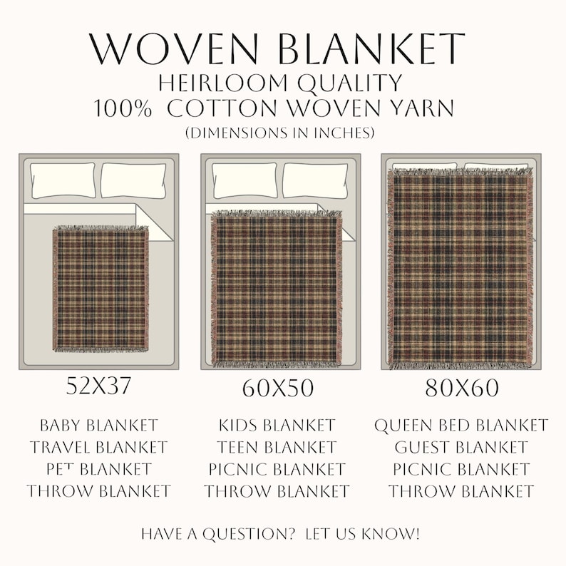 Puede incluir: Una tabla de tama&ntilde;os de manta tejida con tres mantas de cuadros marrones y negros con bordes de flecos. El texto incluye WOVEN BLANKET, HEIRLOOM QUALITY, 100% COTTON WOVEN YARN y las dimensiones en pulgadas: 52x37, 60x50 y 80x60 con etiquetas.