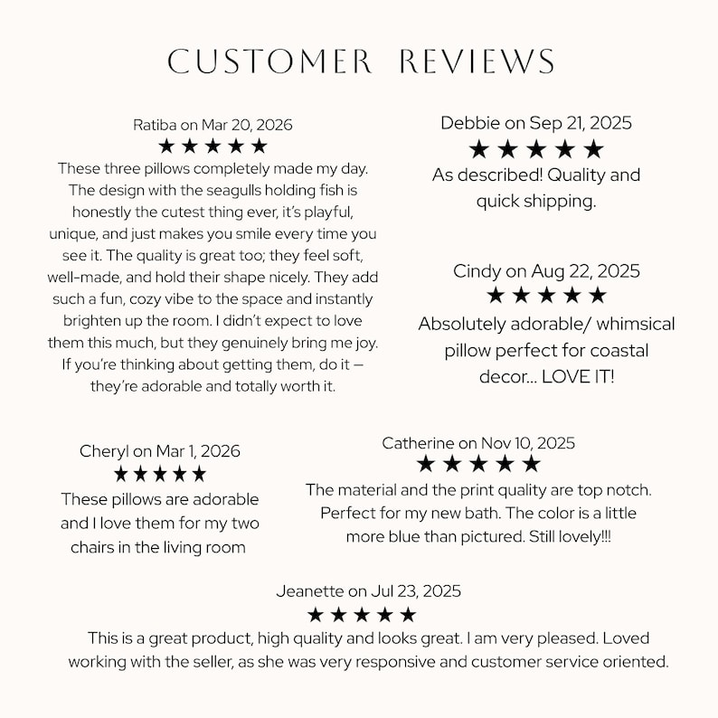 Puede incluir: Una secci&oacute;n de rese&ntilde;as de clientes titulada CUSTOMER REVIEWS que presenta seis calificaciones de cinco estrellas de varias personas, incluidas Ratiba, Debbie, Cindy, Cheryl, Catherine y Jeanette, con comentarios escritos sobre cojines con dise&ntilde;os de gaviotas.