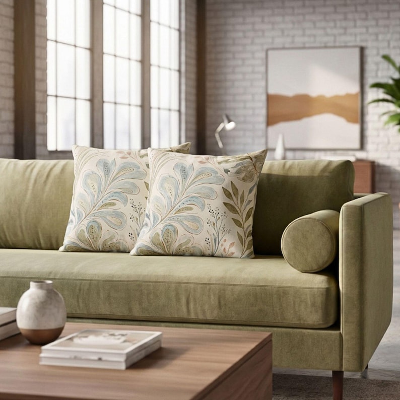 May include: A sage green sofa featuring two square throw pillows with a cream background and a blue and green botanical leaf pattern. The sofa includes a matching cylindrical bolster pillow on the right side and a smooth, solid-coloured fabric finish.