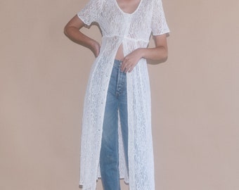 Vintage white sheer lace button-up midi dress | XS-S