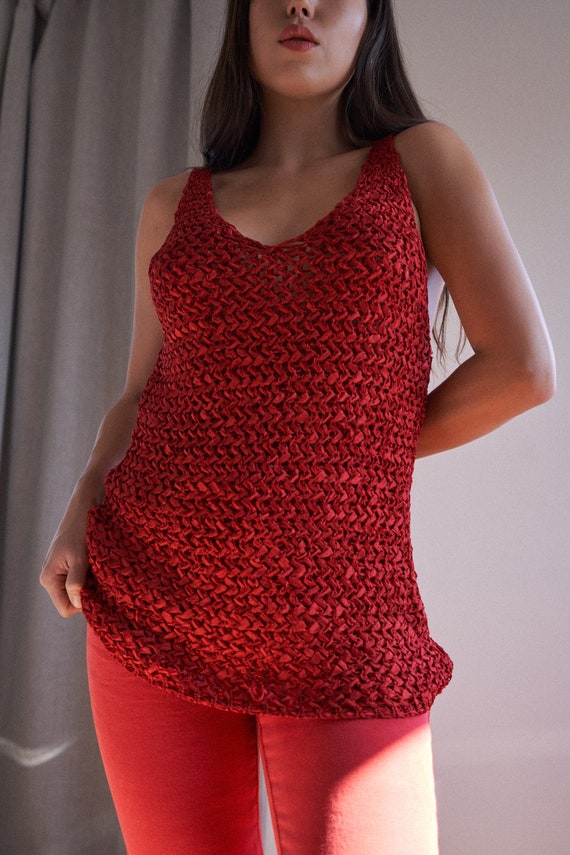 Y2K red open knit woven tank top by Genny | XS-M - image 10