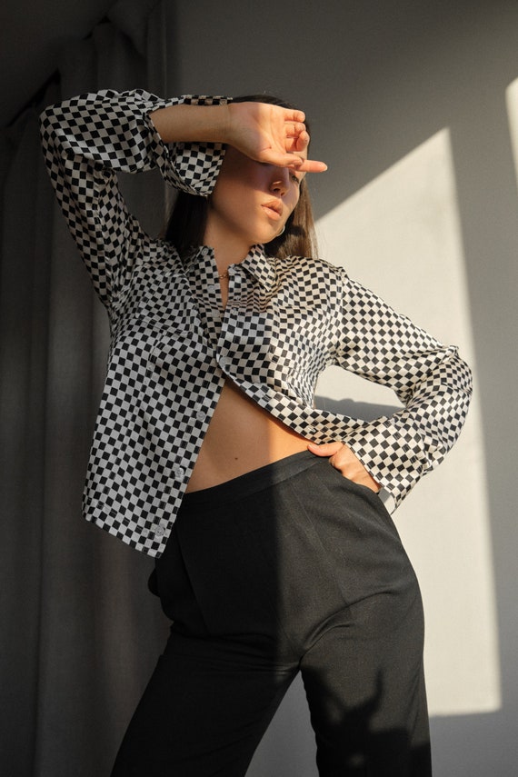 Vintage pure silk checkered button-up blouse 90s B