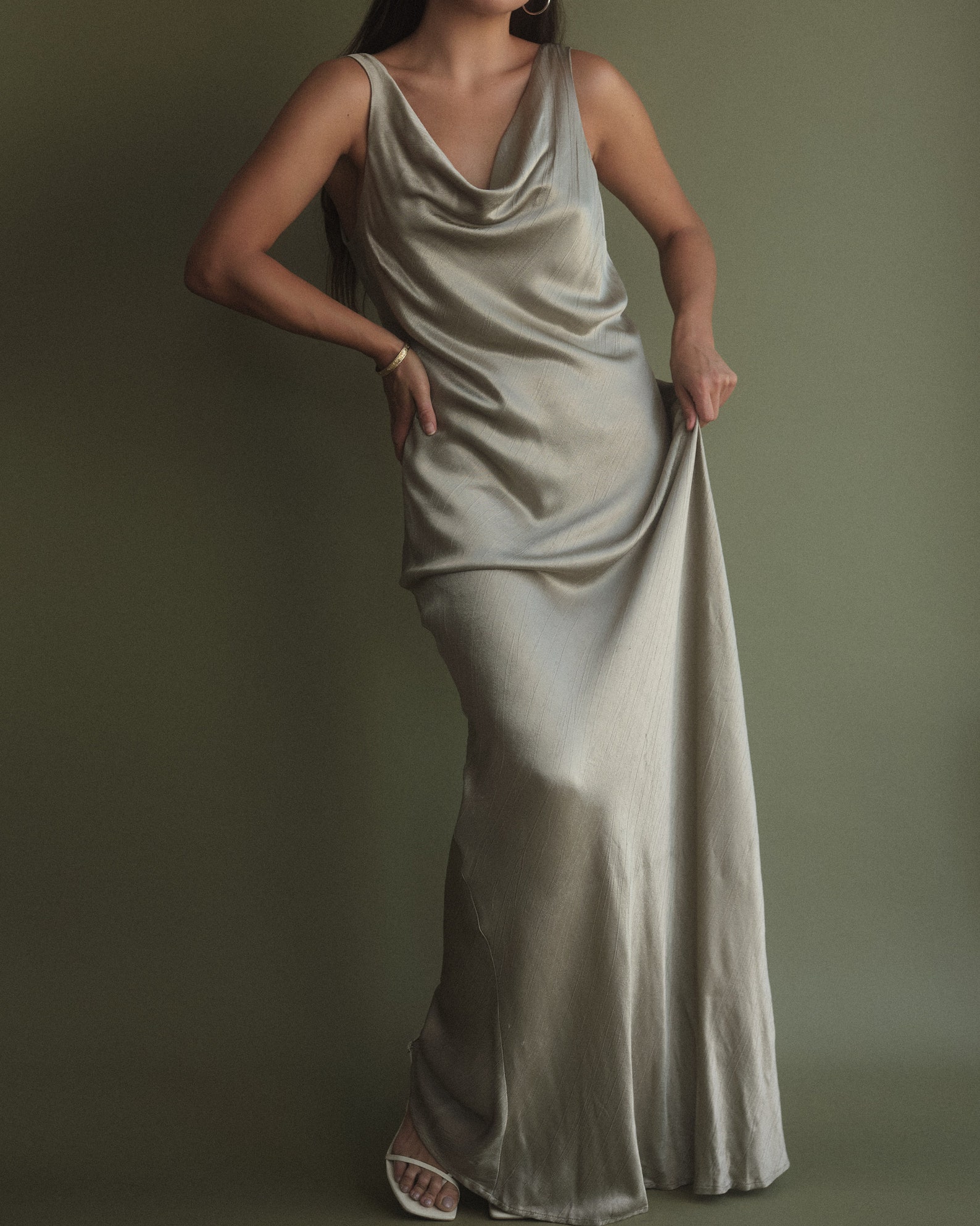sage green satin cowl neck maxi dress