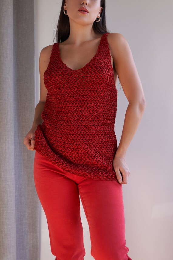 Y2K red open knit woven tank top by Genny | XS-M - image 5