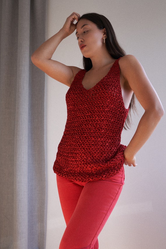 Y2K red open knit woven tank top by Genny | XS-M - image 6
