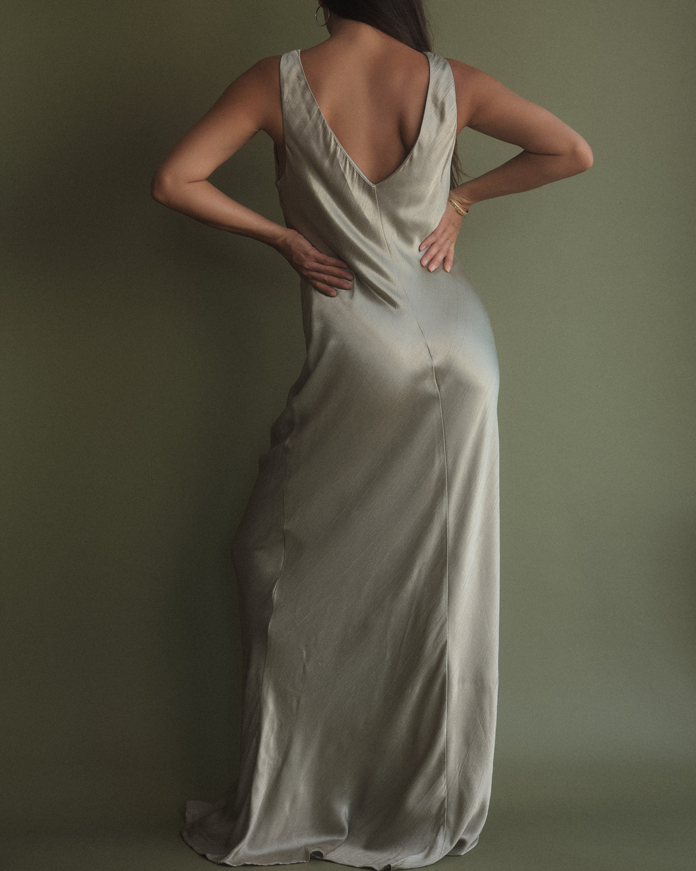 sage green satin cowl neck maxi dress