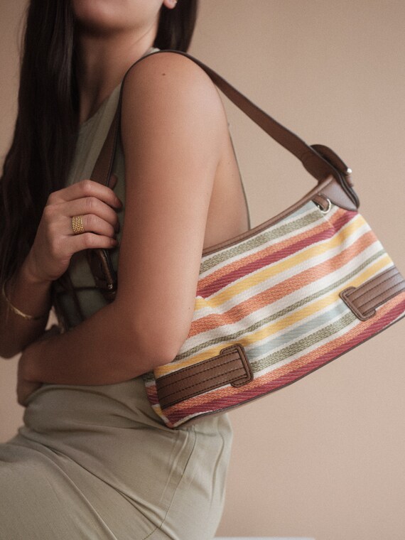 Rainbow striped nylon tote bag with an umbrella - 1970s vintage