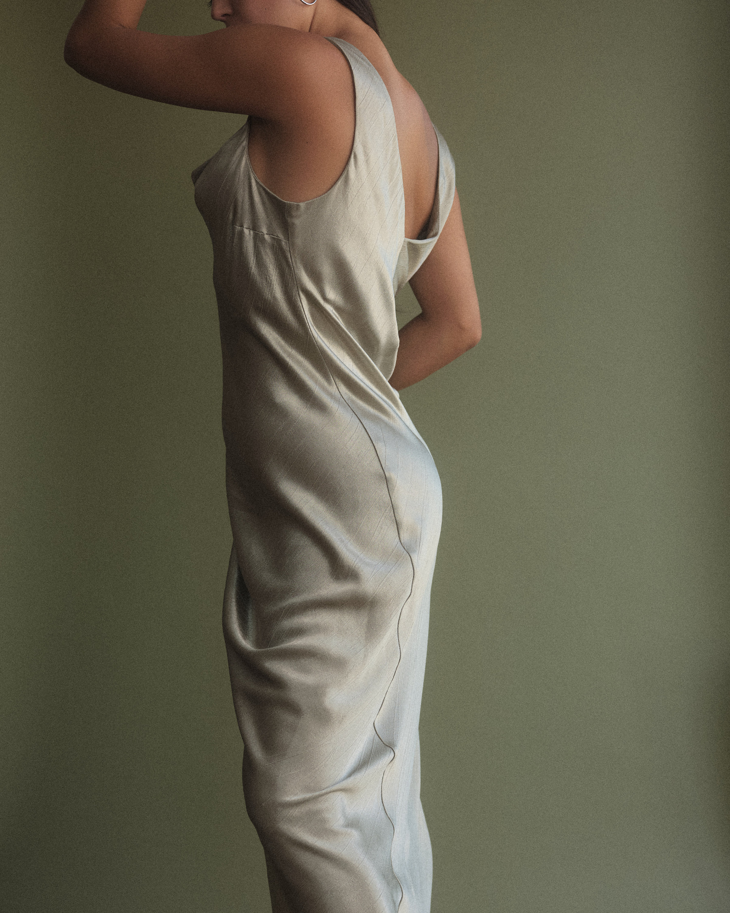 sage green satin cowl neck maxi dress