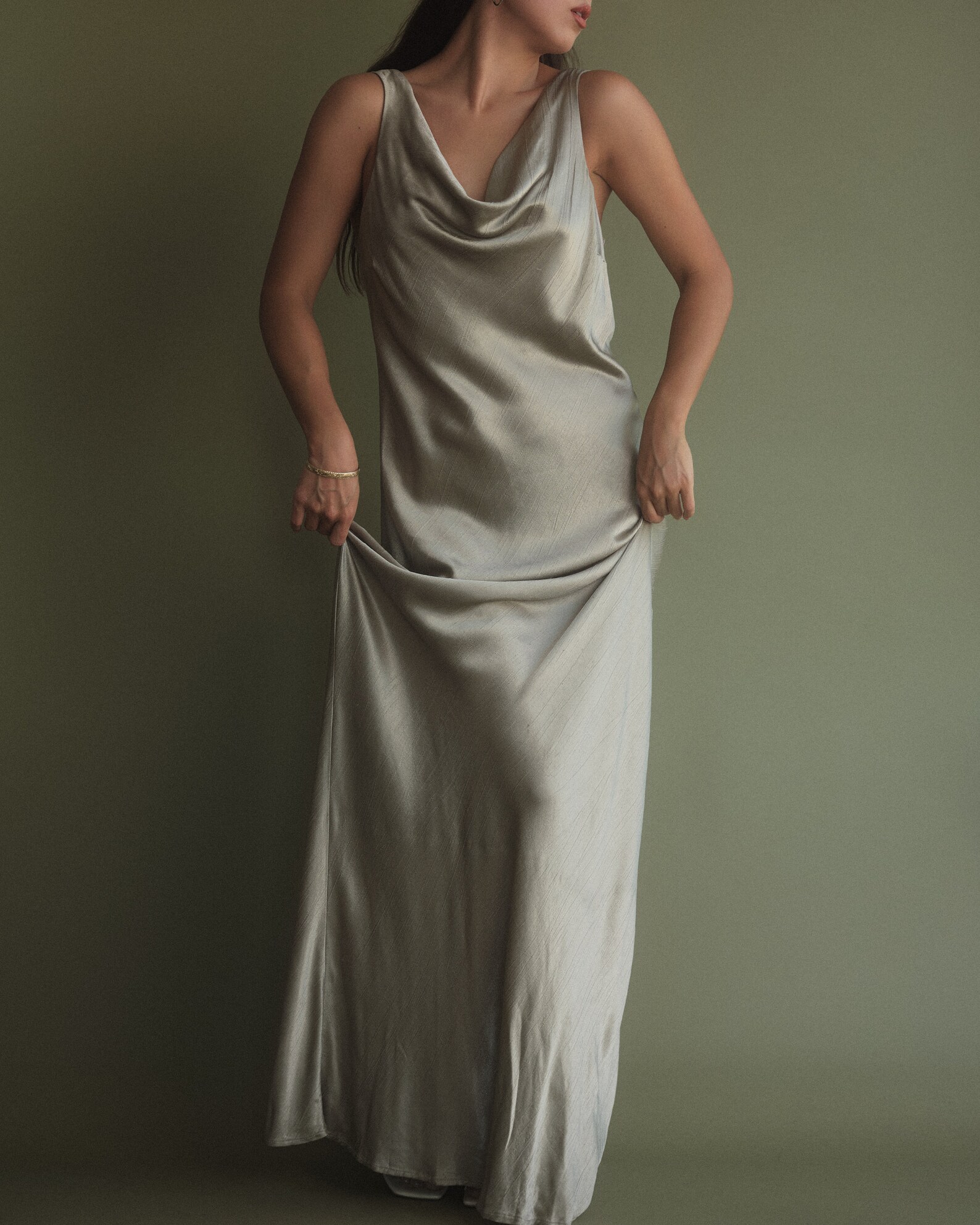 sage green satin cowl neck maxi dress