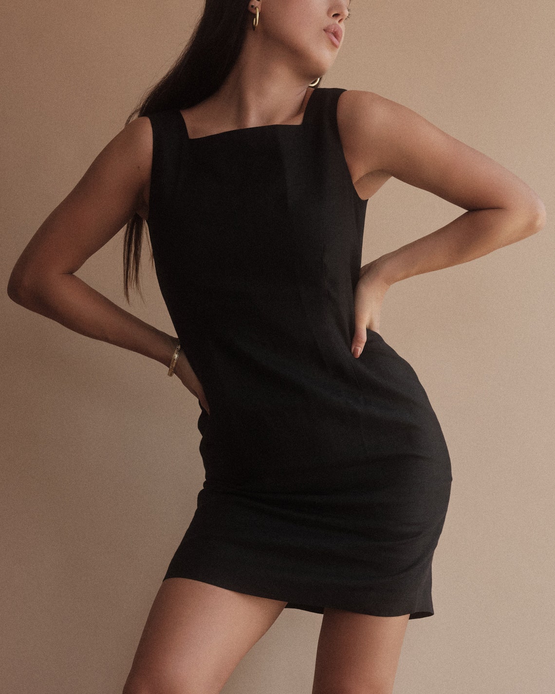 Vintage black linen square neck sheath mini dress XS-S | Etsy
