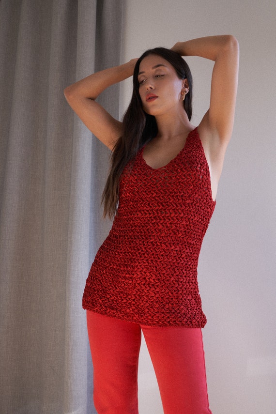 Y2K red open knit woven tank top by Genny | XS-M - image 9