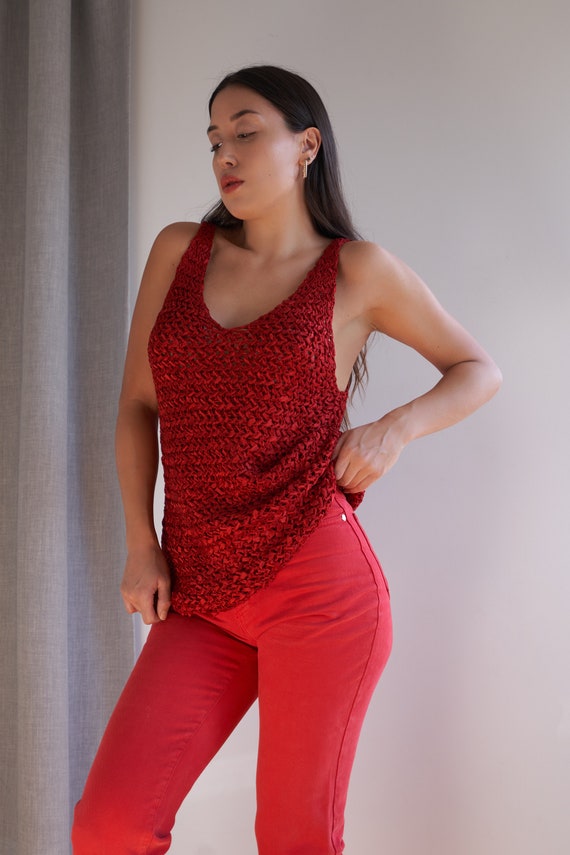 Y2K red open knit woven tank top by Genny | XS-M - image 3