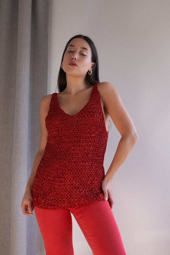 Y2K red open knit woven tank top by Genny | XS-M - image 1