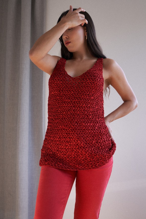 Y2K red open knit woven tank top by Genny | XS-M - image 8