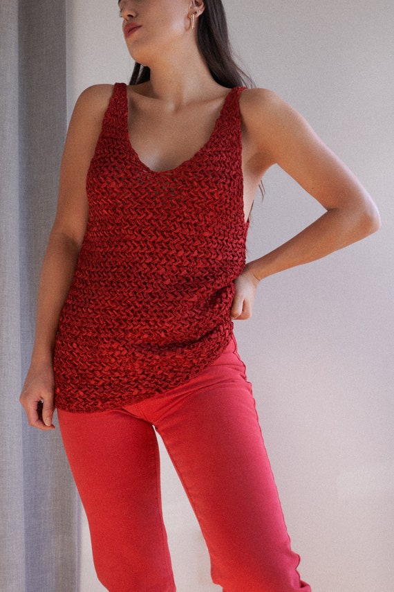 Y2K red open knit woven tank top by Genny | XS-M - image 2