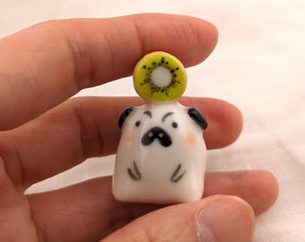 Porcelain Kiwi Pug, Ceramic Fruit Animal Figurine