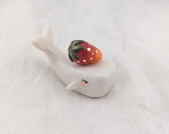 Porcelain Whale Figurine with Strawberry, Miniature Ceramic Sculpture