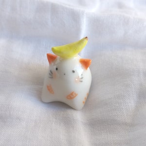 PORCELAIN banana cat kitty ceramic figurine miniature sculpture tiny micro animal pottery pocket totem charm terrarium lover collection