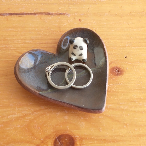 Tiny heart dish with mini panda ring holder trinket lover gift figurine miniature charm