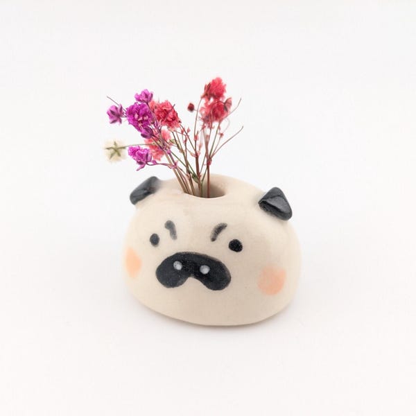 Super Tiny Vase, Ceramic Whiskers Keeper, Pug