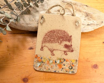 Ceramic Hedgehog Wall Decor Tile, Hand-drawn Art, Housewarming Gift (US Tariff Free)