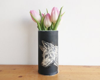 Handmade Ceramic Vase, Matte Black, Fox Hand Drawing, Pottery Decor