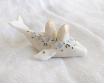 Porcelain Floral Whale Figurine with Houses, Miniature Ceramic Sculpture