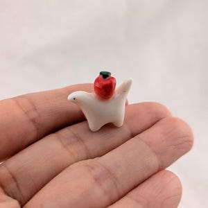 Porcelain Micro Dino Figurine with Apple, Handmade Ceramic Sculptue (US Tariff Free)