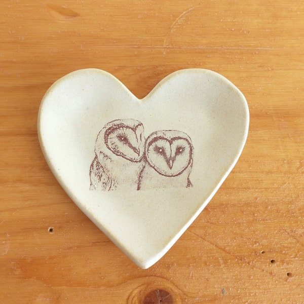 Tiny ceramic heart shape dish plate ring holder trinket lover gift wedding engagement barn owl couple