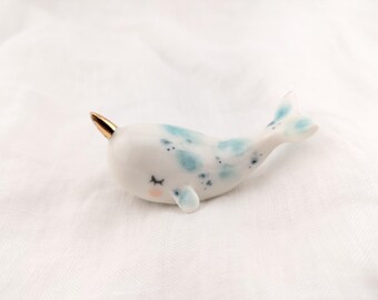 PORCELAIN narwhal narwhale ceramic figurine miniature sculpture pottery pocket totem charm lover gift ornament decor collectible ornament
