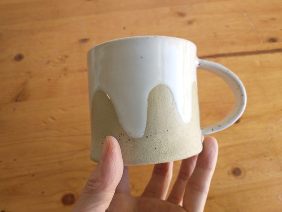 Coffee Mug Tea Handmade Ceramic Pottery Cup Gift 9 Oz Cappuccino Latte  Speckled Clay Stoneware White Minimalist Simple Modern Design Drippy 