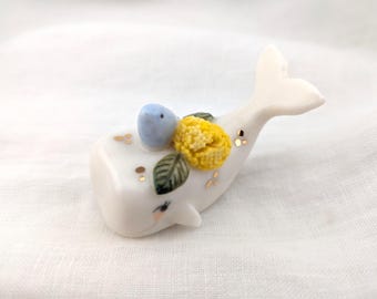 Porcelain Whale Figurine with Bird, Miniature Ceramic Sculpture