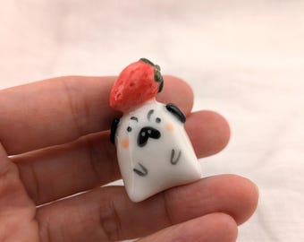 Porcelain Strawberry Pug, Ceramic Fruit Animal Figurine