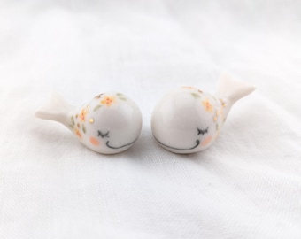 Porcelain Whale Couple Figurine, Miniature Ceramic Sculpture