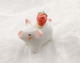 PORCELAIN strawberry pig piggy piglet ceramic figurine miniature sculpture micro animal pottery terrarium totem charm ornament lover gift