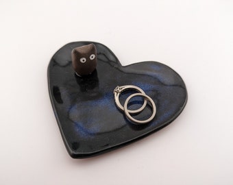 Black cat heart ring dish holder jewelry trinket small lover gift wedding engagement kitty kitten