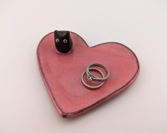 Black cat heart ring dish holder jewelry trinket small lover gift wedding engagement kitty kitten