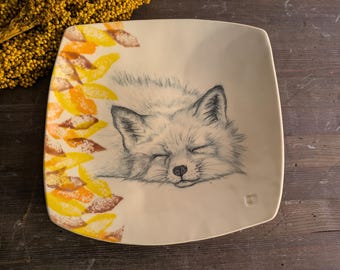 Sleeping Fox Square Plate, Hand Drawn Ceramic Bowl, Fox Lover Gift