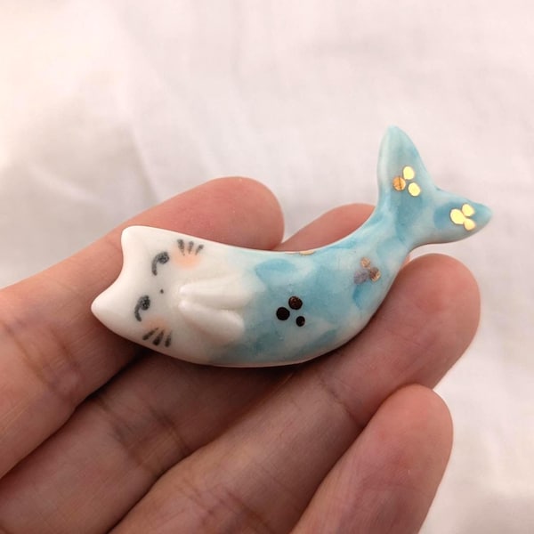 Porcelain Purrmaid Figurine, Miniature Cat Mermaid Charm, 2 inch