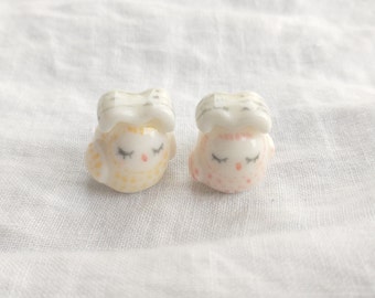 PORCELAIN a set of two bookworm owl couple ceramic figurine miniature mini micro pottery pocket totem charm terrarium lover gift collectible