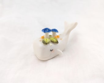 Porcelain Whale Figurine with Murshroom, Miniature Ceramic Sculpture