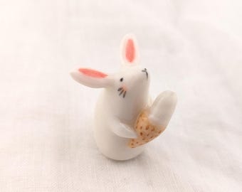 Porcelain Bunny Figurine with Ice Cream, Miniature Ceramic Bunny