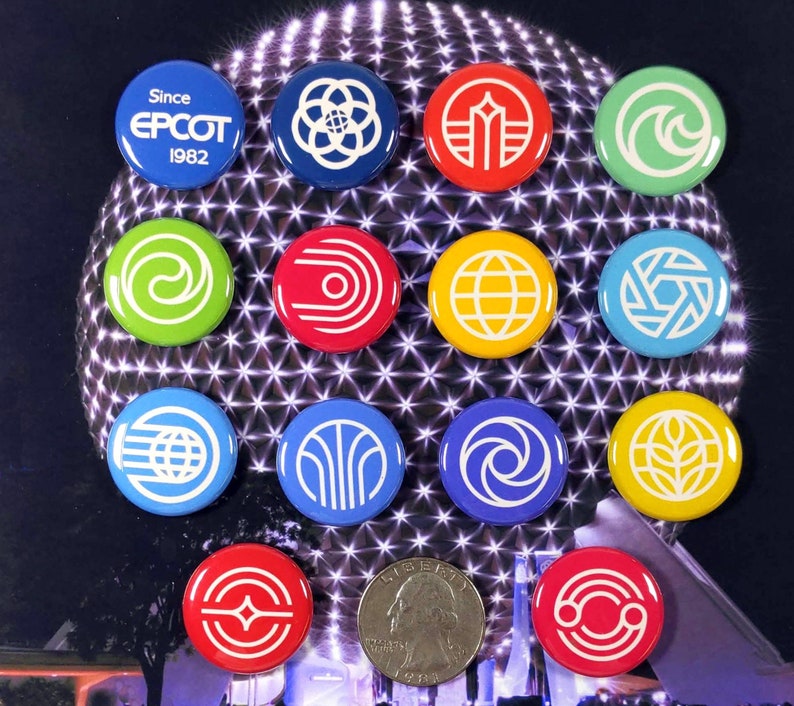 May include: A collection of 14 round pins featuring various logos and designs from Epcot, a theme park at Walt Disney World. The pins are arranged in a circle on a purple background with a silver glitter effect. The pins feature a variety of colors, including red, blue, green, yellow, and white.